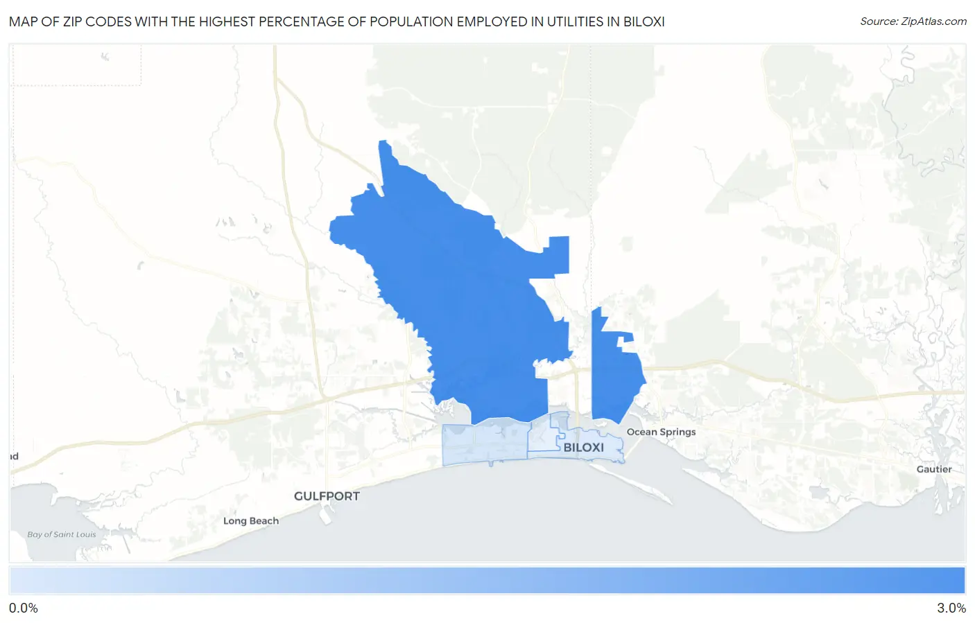 Zip Codes with the Highest Percentage of Population Employed in Utilities in Biloxi Map