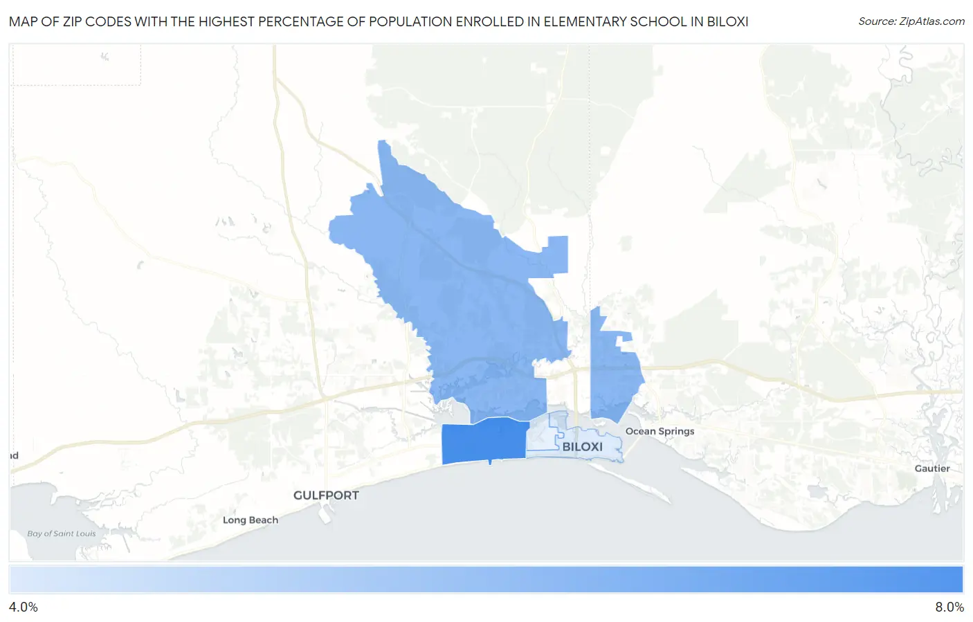 Zip Codes with the Highest Percentage of Population Enrolled in Elementary School in Biloxi Map