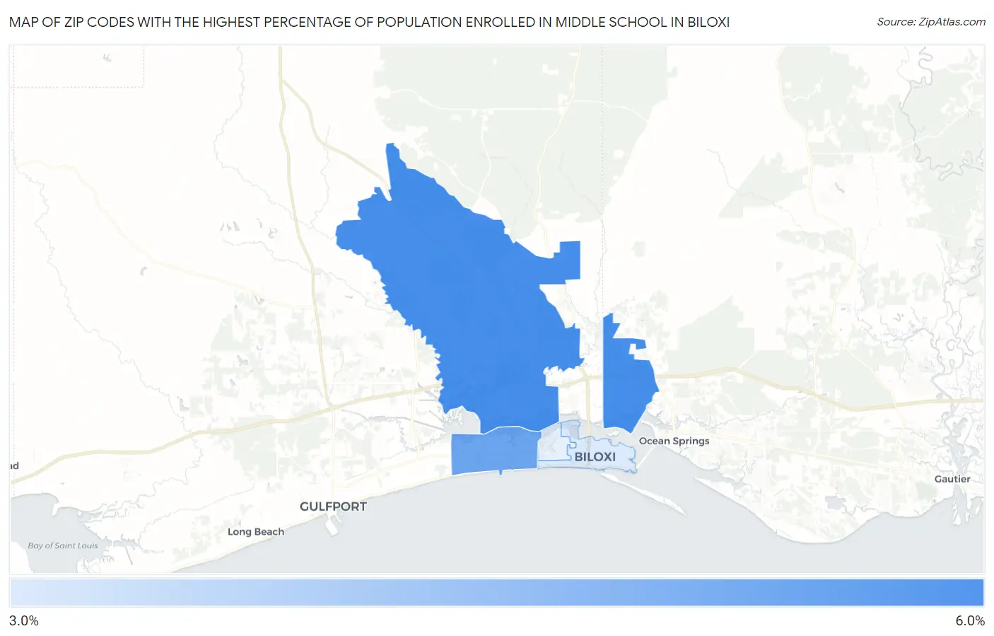 Zip Codes with the Highest Percentage of Population Enrolled in Middle School in Biloxi Map