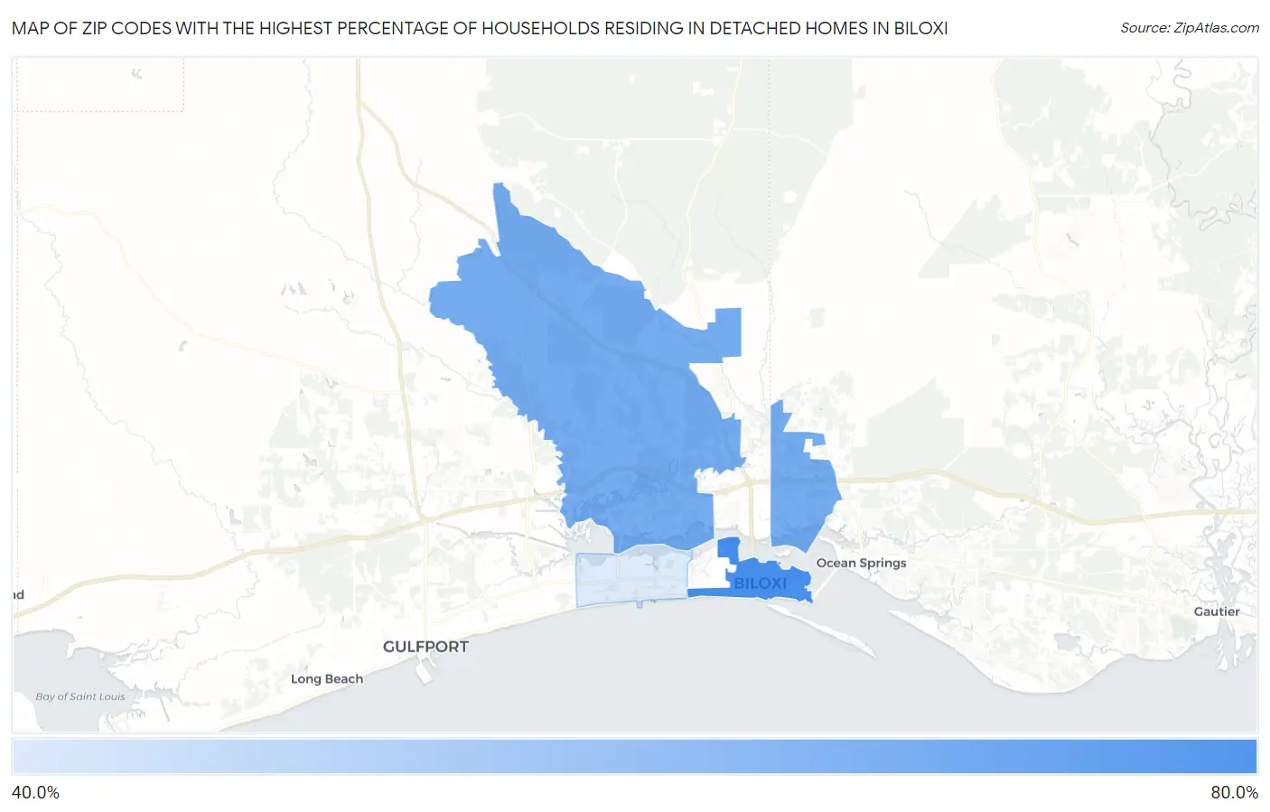 Zip Codes with the Highest Percentage of Households Residing in Detached Homes in Biloxi Map