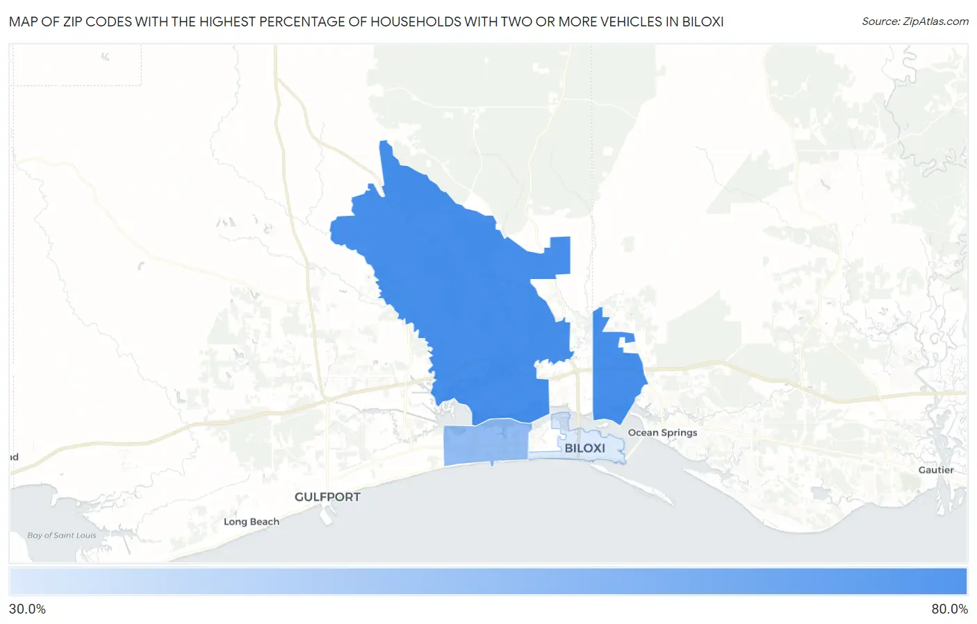 Zip Codes with the Highest Percentage of Households With Two or more Vehicles in Biloxi Map