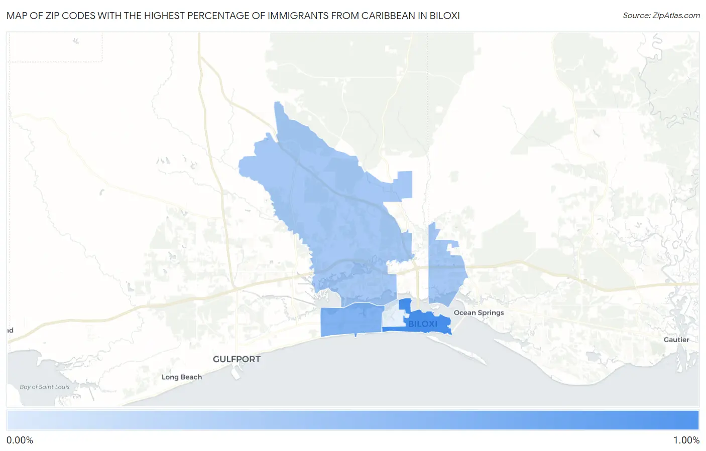 Zip Codes with the Highest Percentage of Immigrants from Caribbean in Biloxi Map