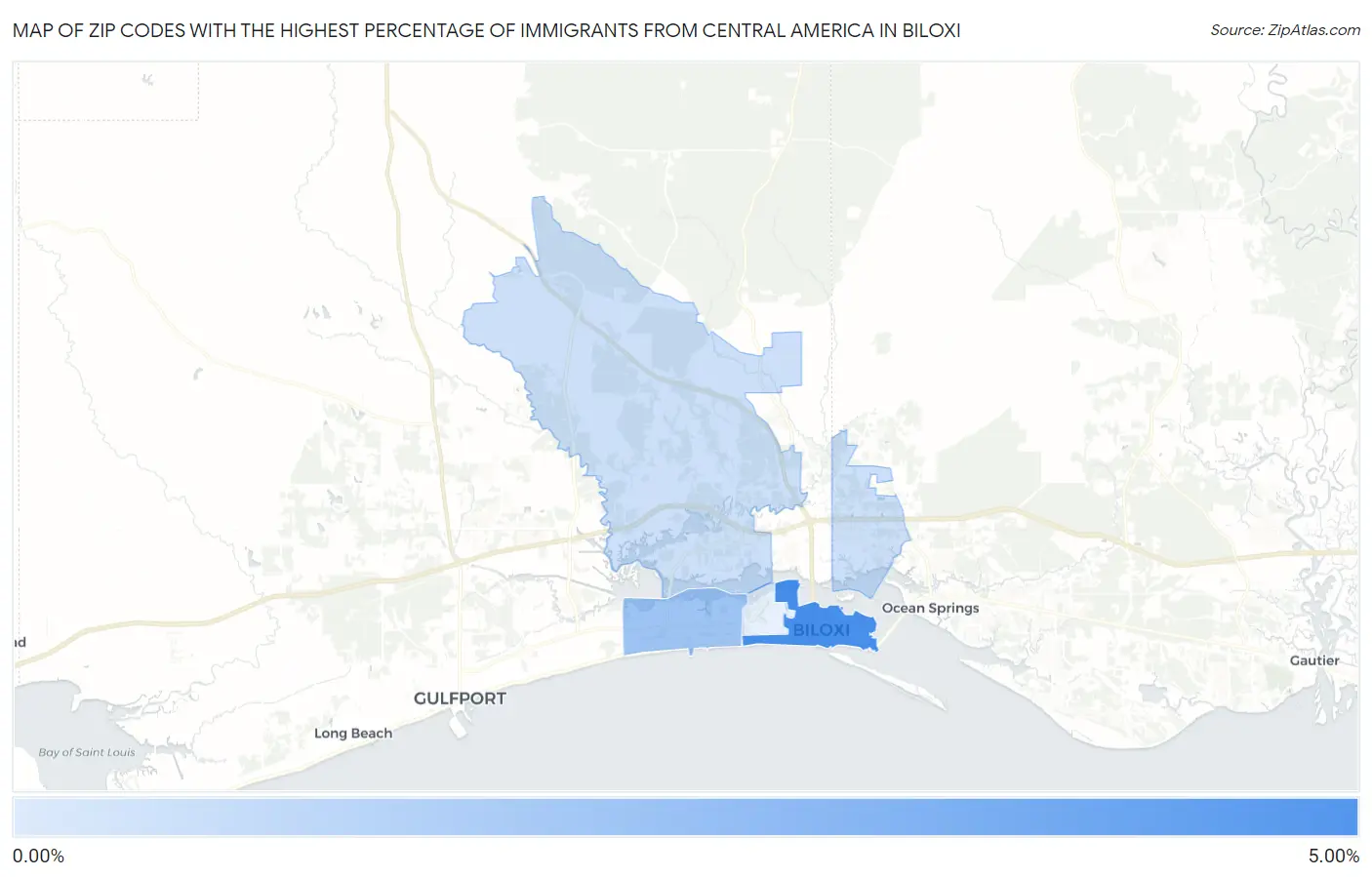 Zip Codes with the Highest Percentage of Immigrants from Central America in Biloxi Map