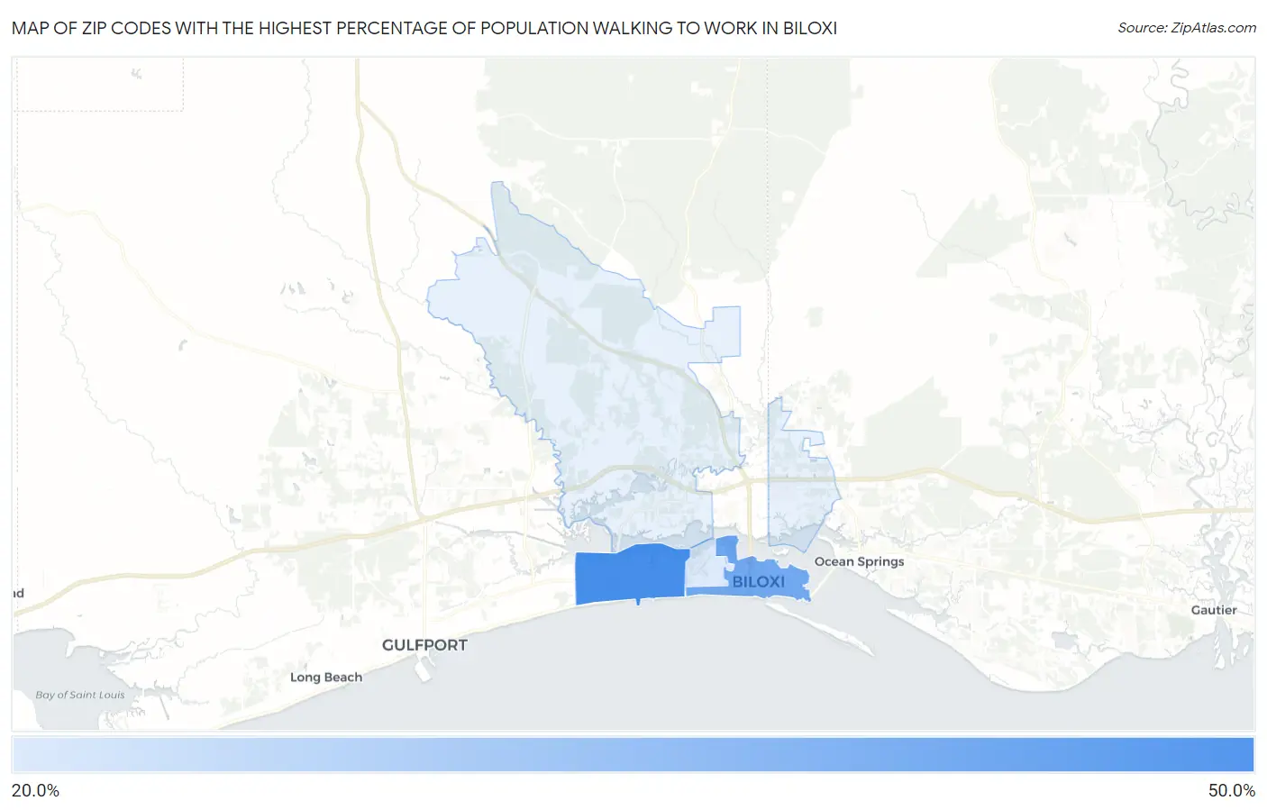 Zip Codes with the Highest Percentage of Population Walking to Work in Biloxi Map