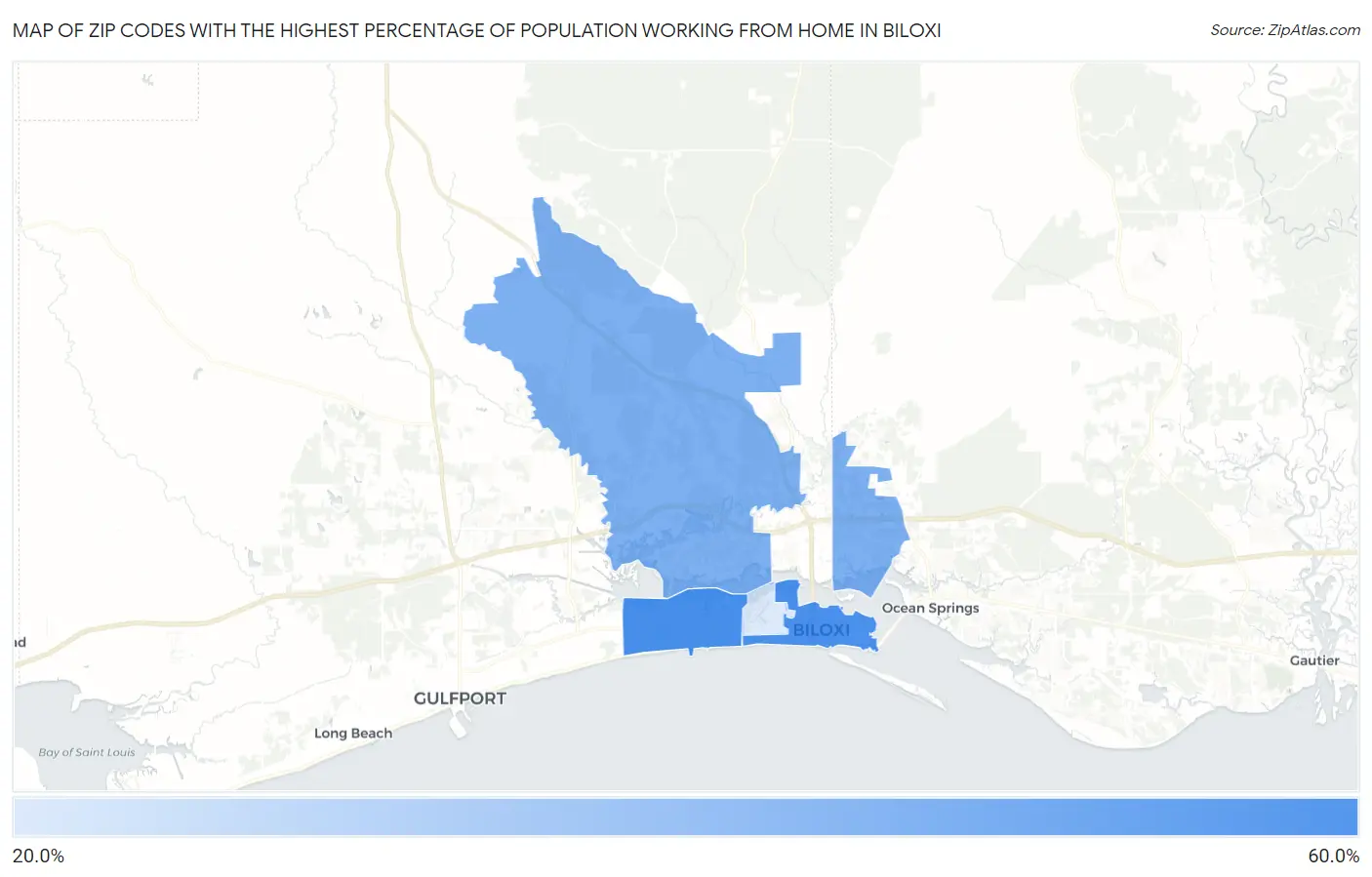 Zip Codes with the Highest Percentage of Population Working from Home in Biloxi Map
