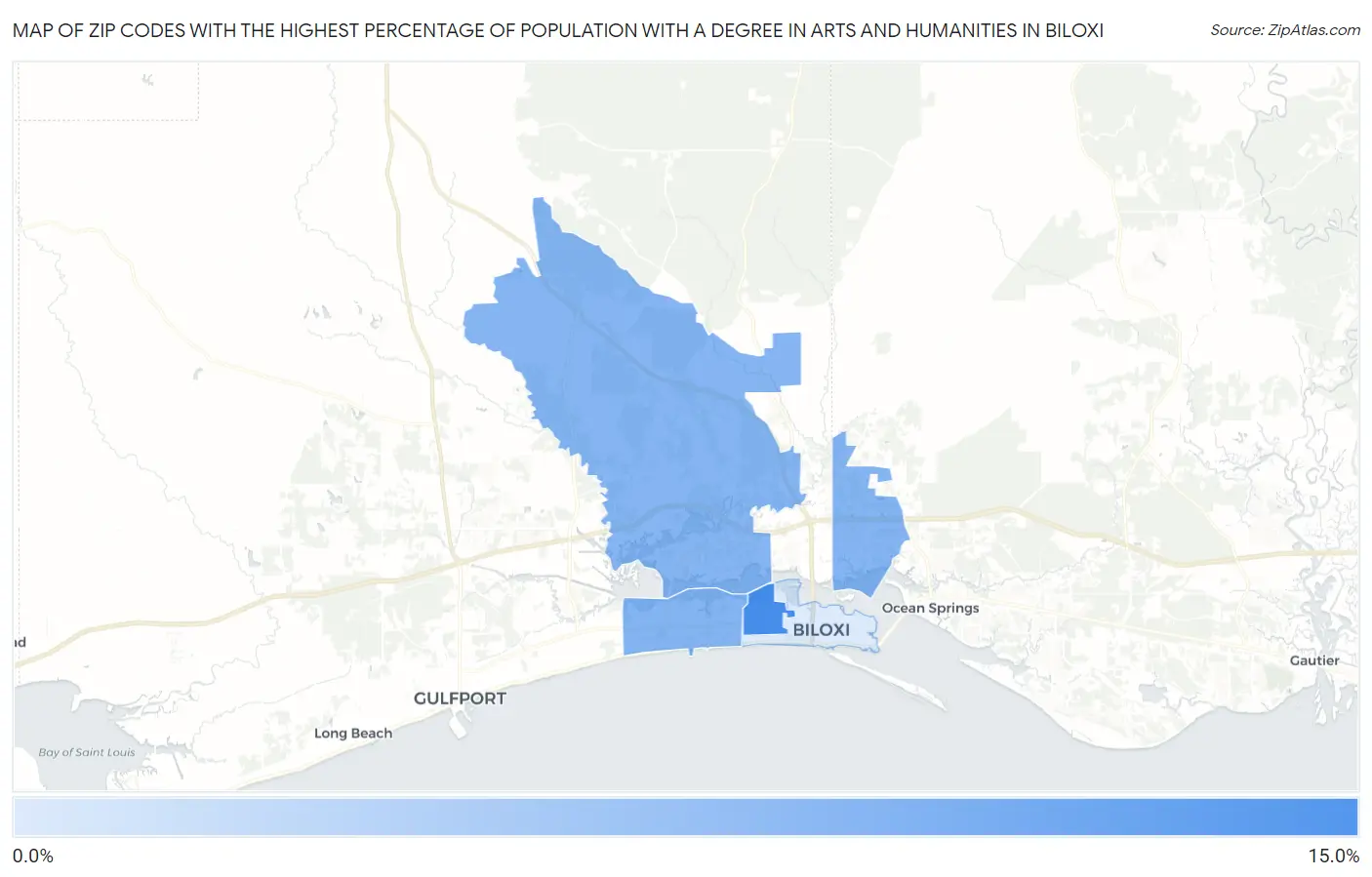 Zip Codes with the Highest Percentage of Population with a Degree in Arts and Humanities in Biloxi Map