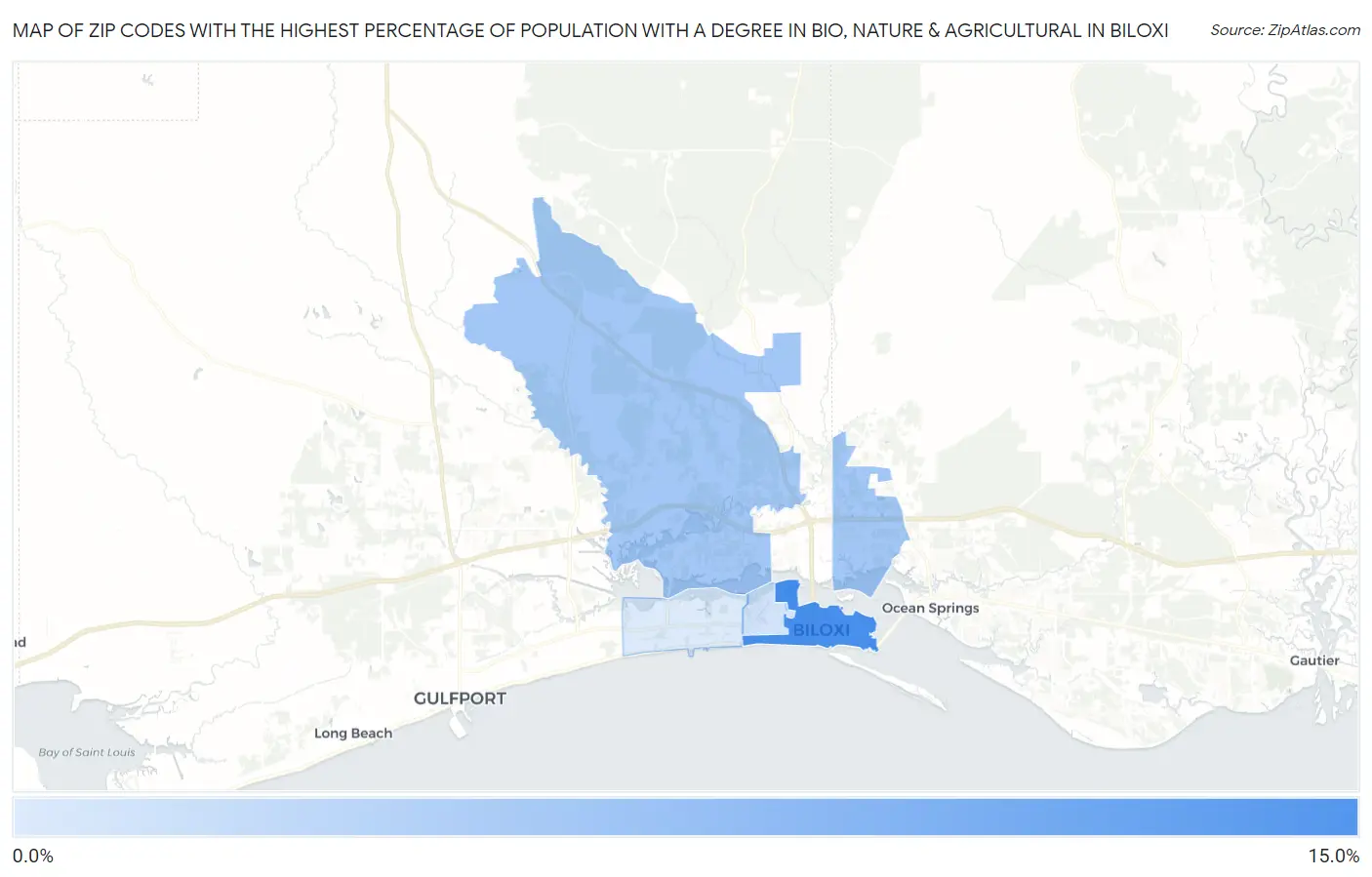 Zip Codes with the Highest Percentage of Population with a Degree in Bio, Nature & Agricultural in Biloxi Map