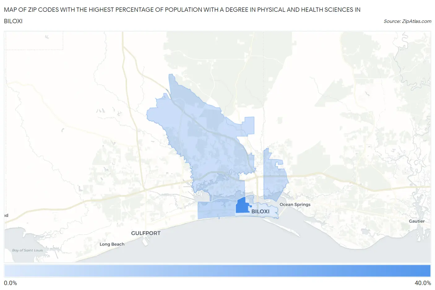 Zip Codes with the Highest Percentage of Population with a Degree in Physical and Health Sciences in Biloxi Map