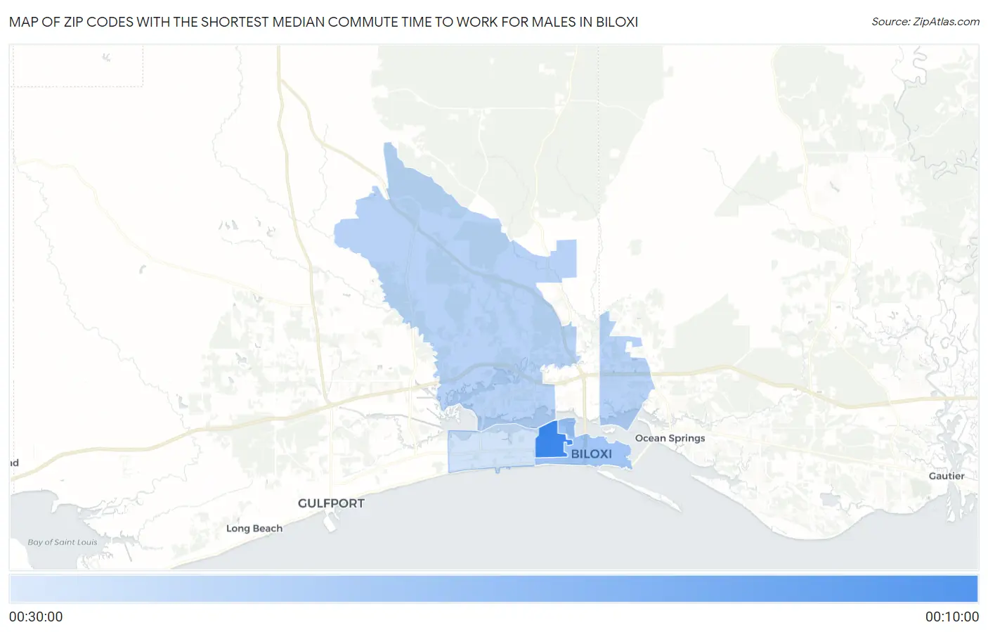 Zip Codes with the Shortest Median Commute Time to Work for Males in Biloxi Map