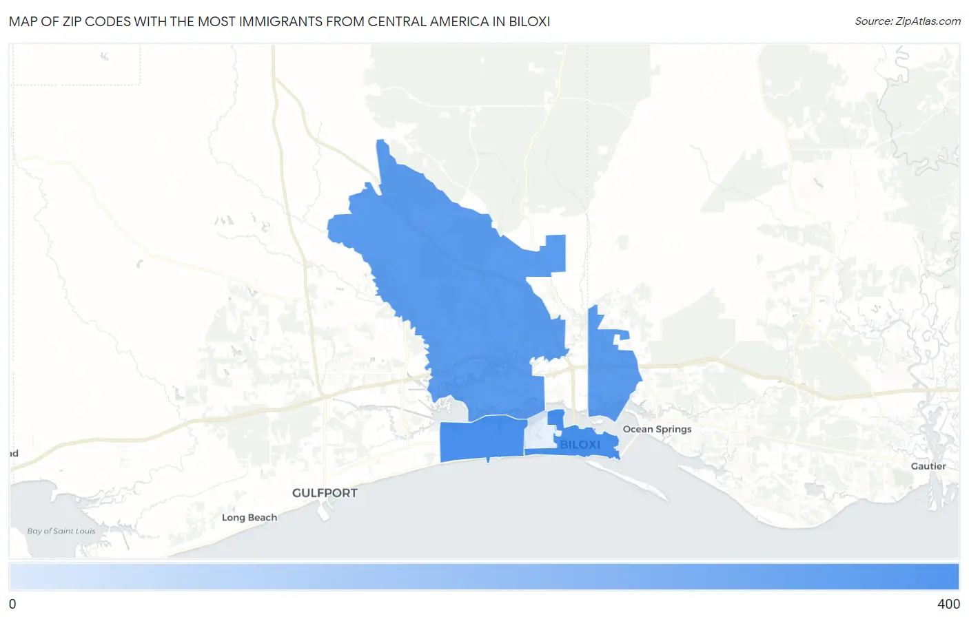 Zip Codes with the Most Immigrants from Central America in Biloxi Map
