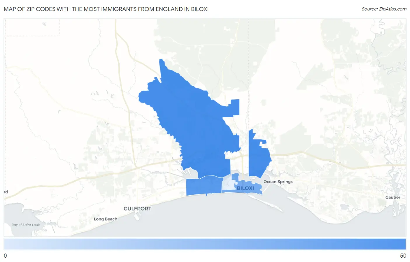 Zip Codes with the Most Immigrants from England in Biloxi Map