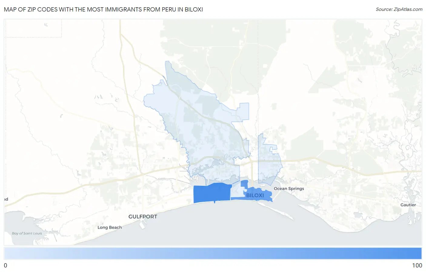 Zip Codes with the Most Immigrants from Peru in Biloxi Map