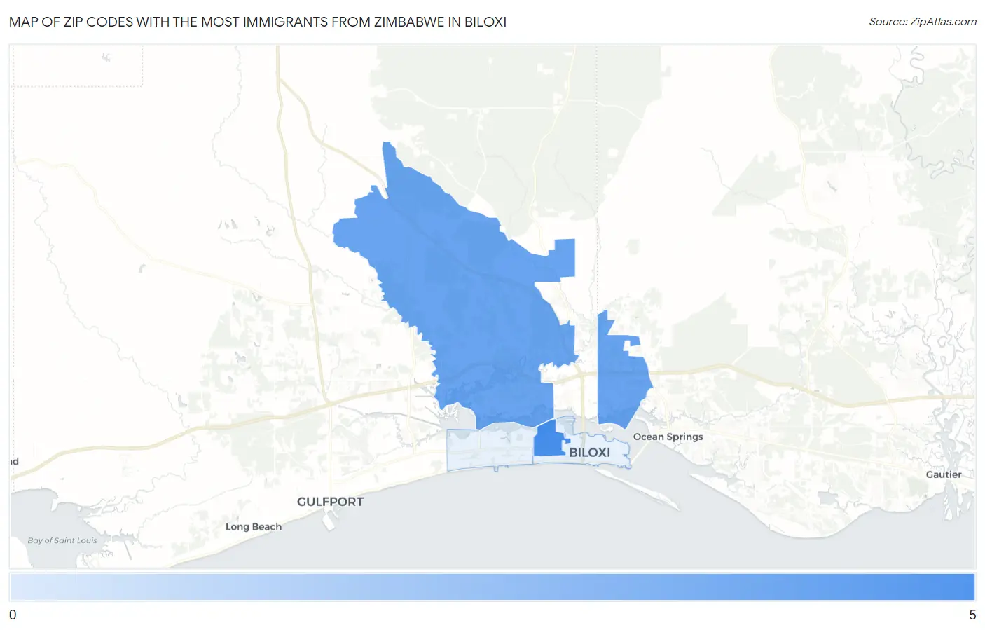 Zip Codes with the Most Immigrants from Zimbabwe in Biloxi Map