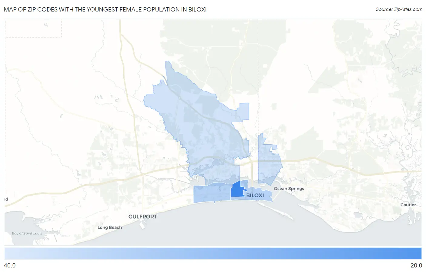 Zip Codes with the Youngest Female Population in Biloxi Map
