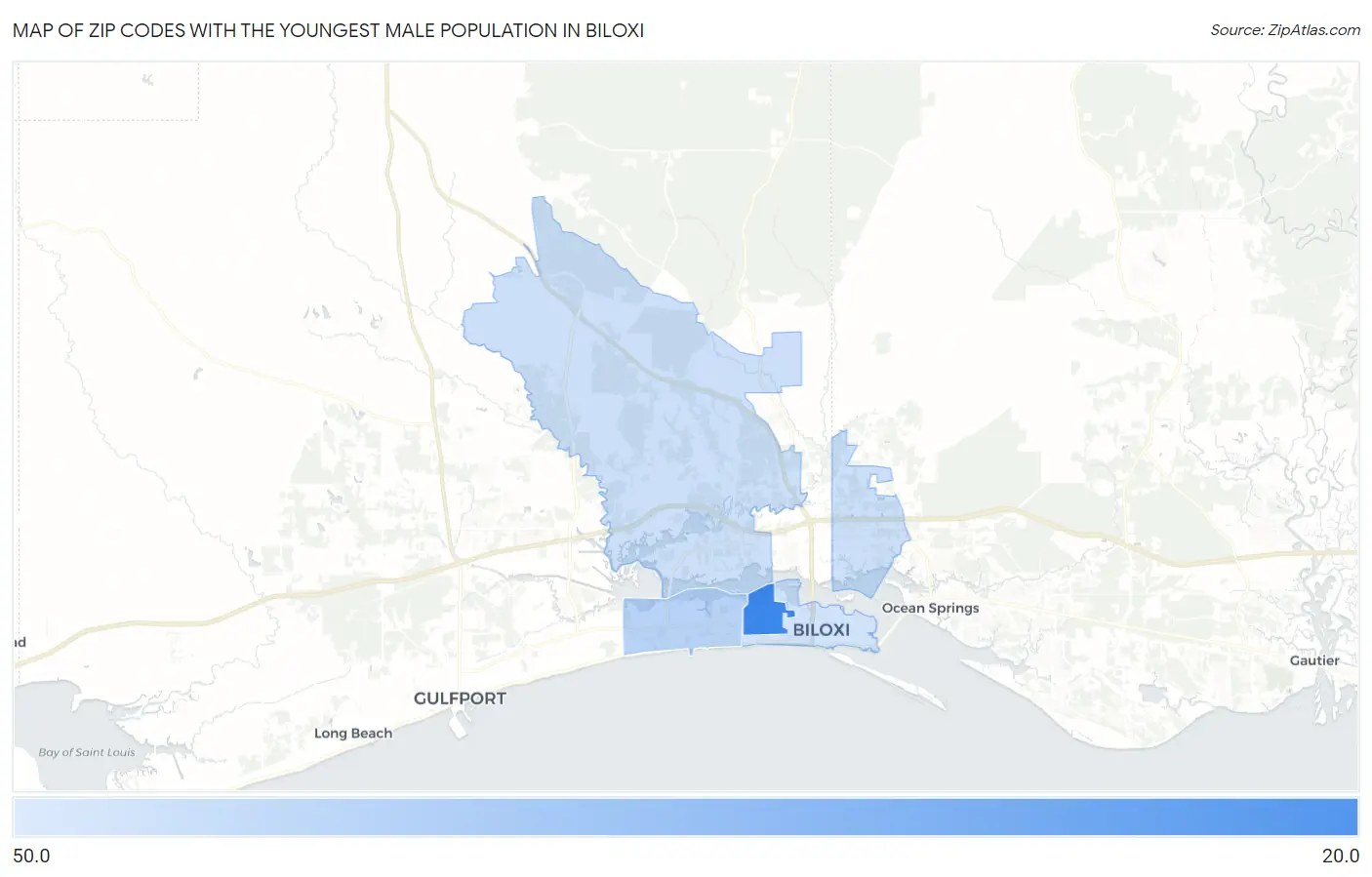 Zip Codes with the Youngest Male Population in Biloxi Map