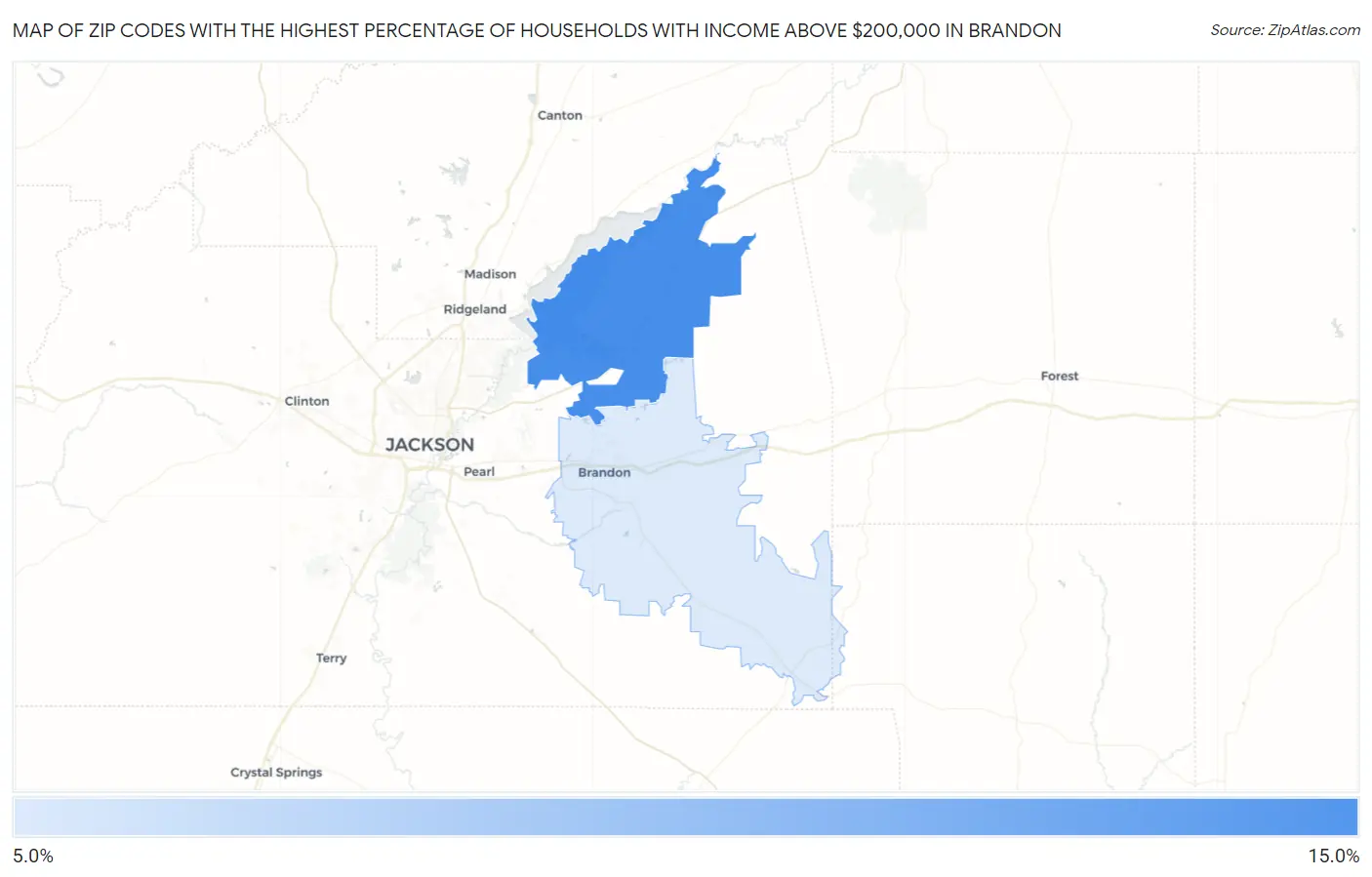 Zip Codes with the Highest Percentage of Households with Income Above $200,000 in Brandon Map