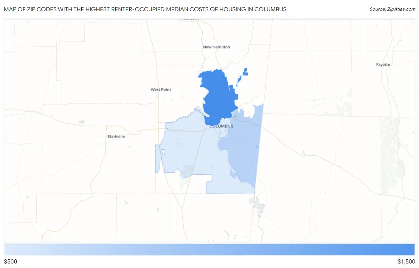 Zip Codes with the Highest Renter-Occupied Median Costs of Housing in Columbus Map