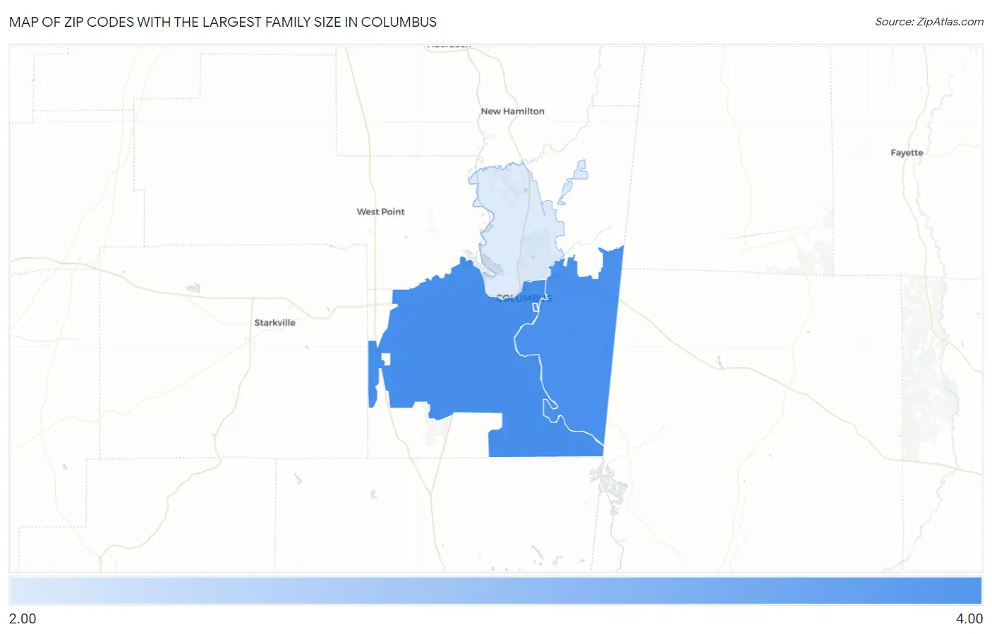 Zip Codes with the Largest Family Size in Columbus Map