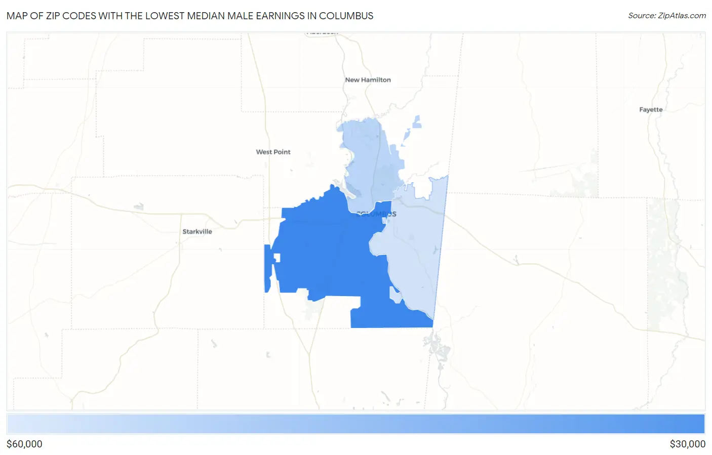 Zip Codes with the Lowest Median Male Earnings in Columbus Map