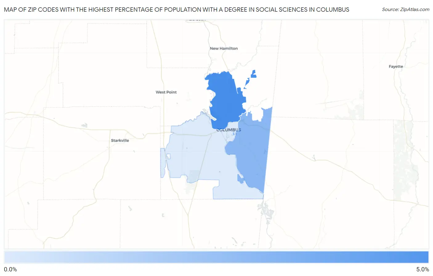 Zip Codes with the Highest Percentage of Population with a Degree in Social Sciences in Columbus Map