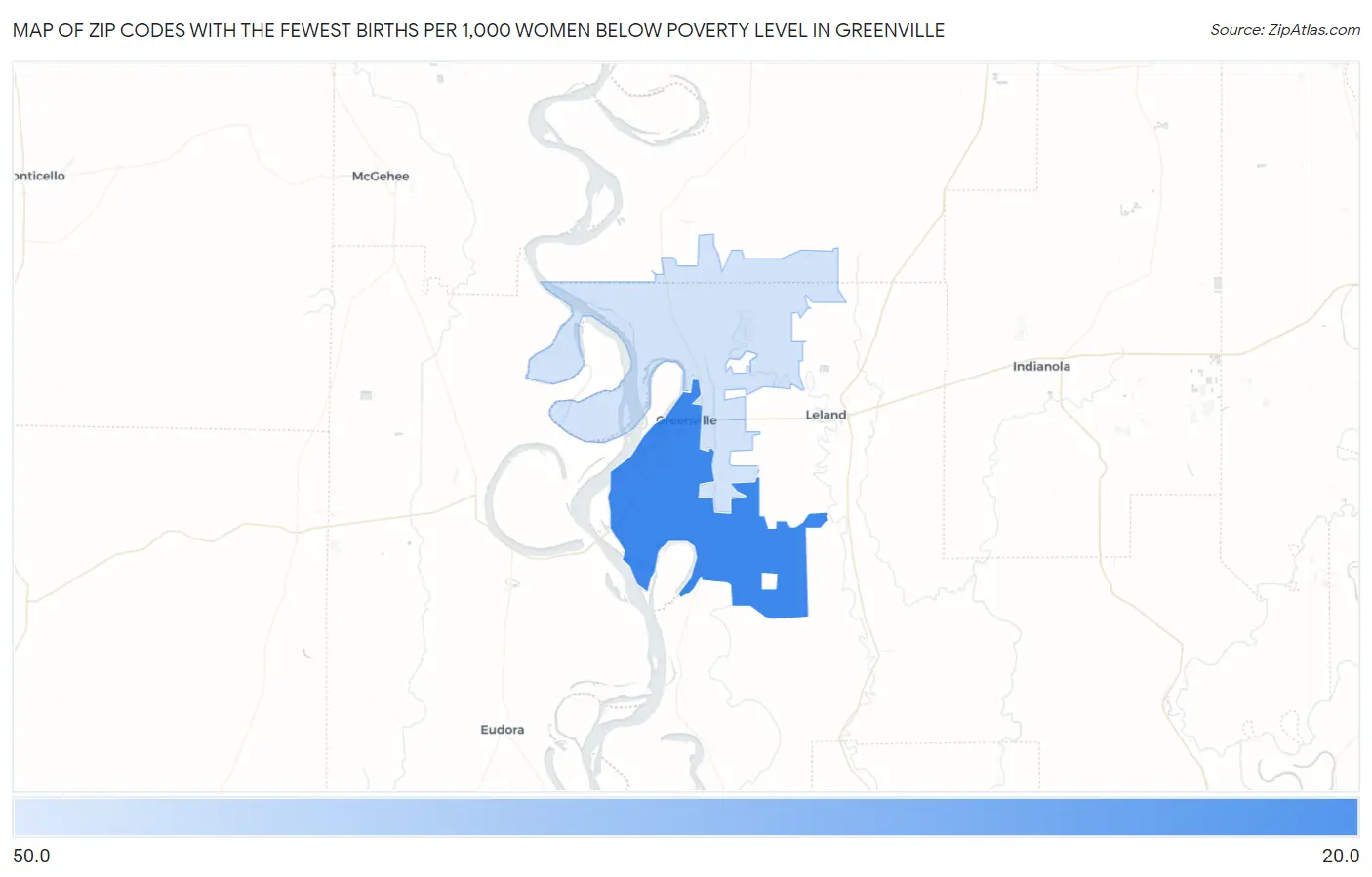 Zip Codes with the Fewest Births per 1,000 Women Below Poverty Level in Greenville Map