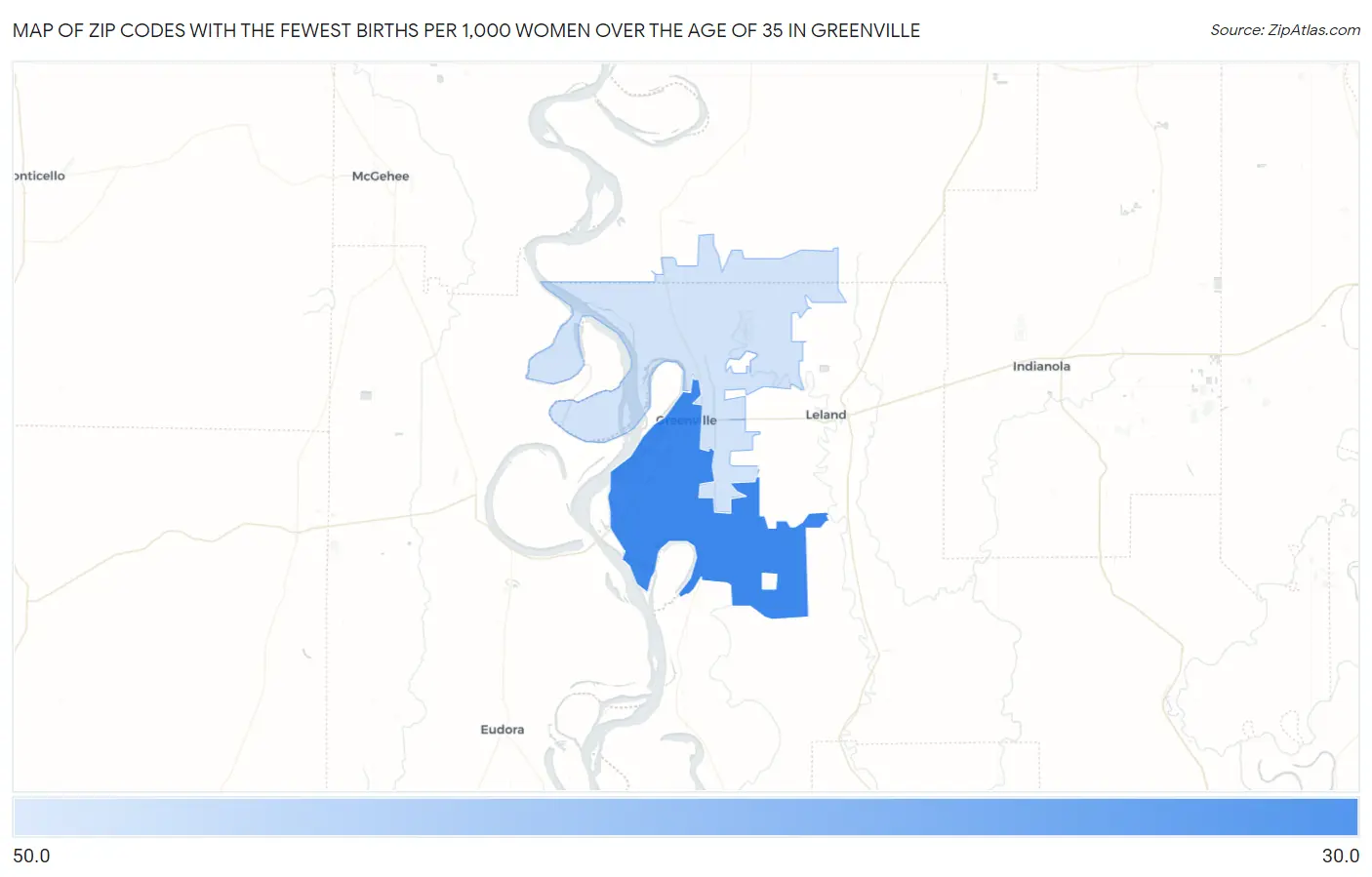 Zip Codes with the Fewest Births per 1,000 Women Over the Age of 35 in Greenville Map