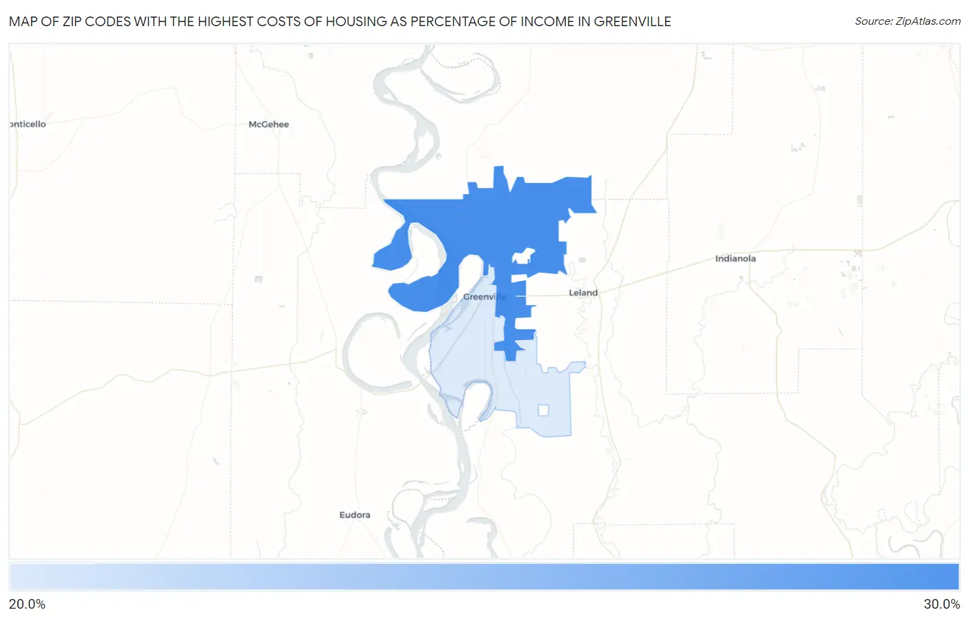 Zip Codes with the Highest Costs of Housing as Percentage of Income in Greenville Map