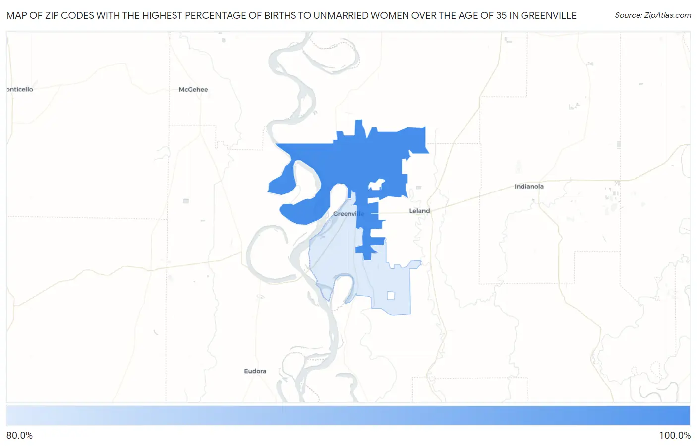 Zip Codes with the Highest Percentage of Births to Unmarried Women over the Age of 35 in Greenville Map