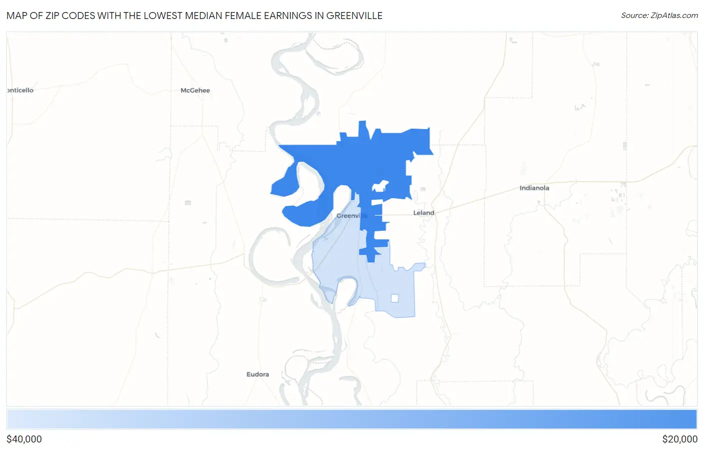 Zip Codes with the Lowest Median Female Earnings in Greenville Map