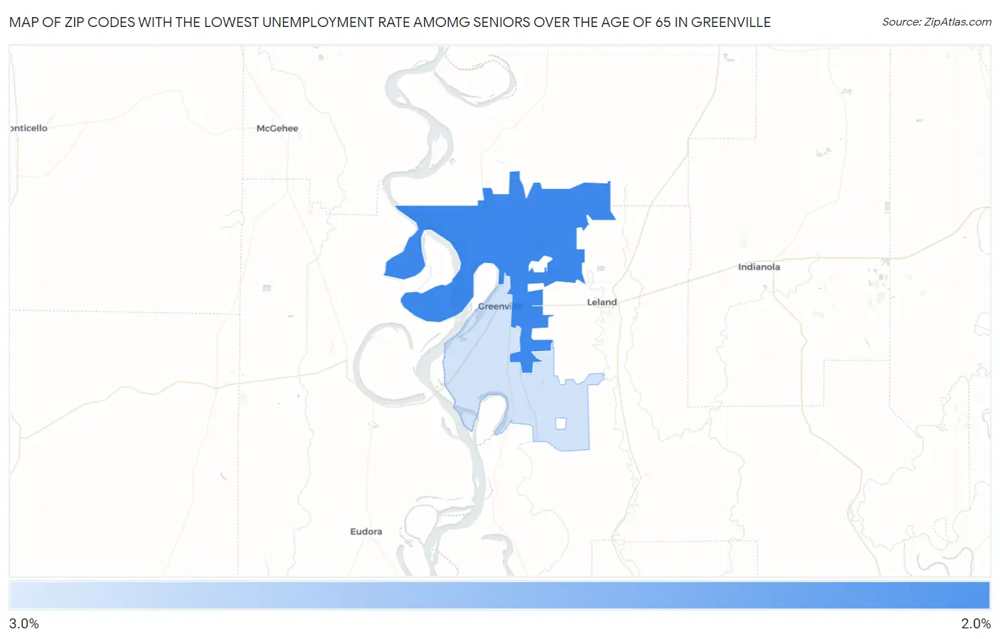 Zip Codes with the Lowest Unemployment Rate Amomg Seniors Over the Age of 65 in Greenville Map