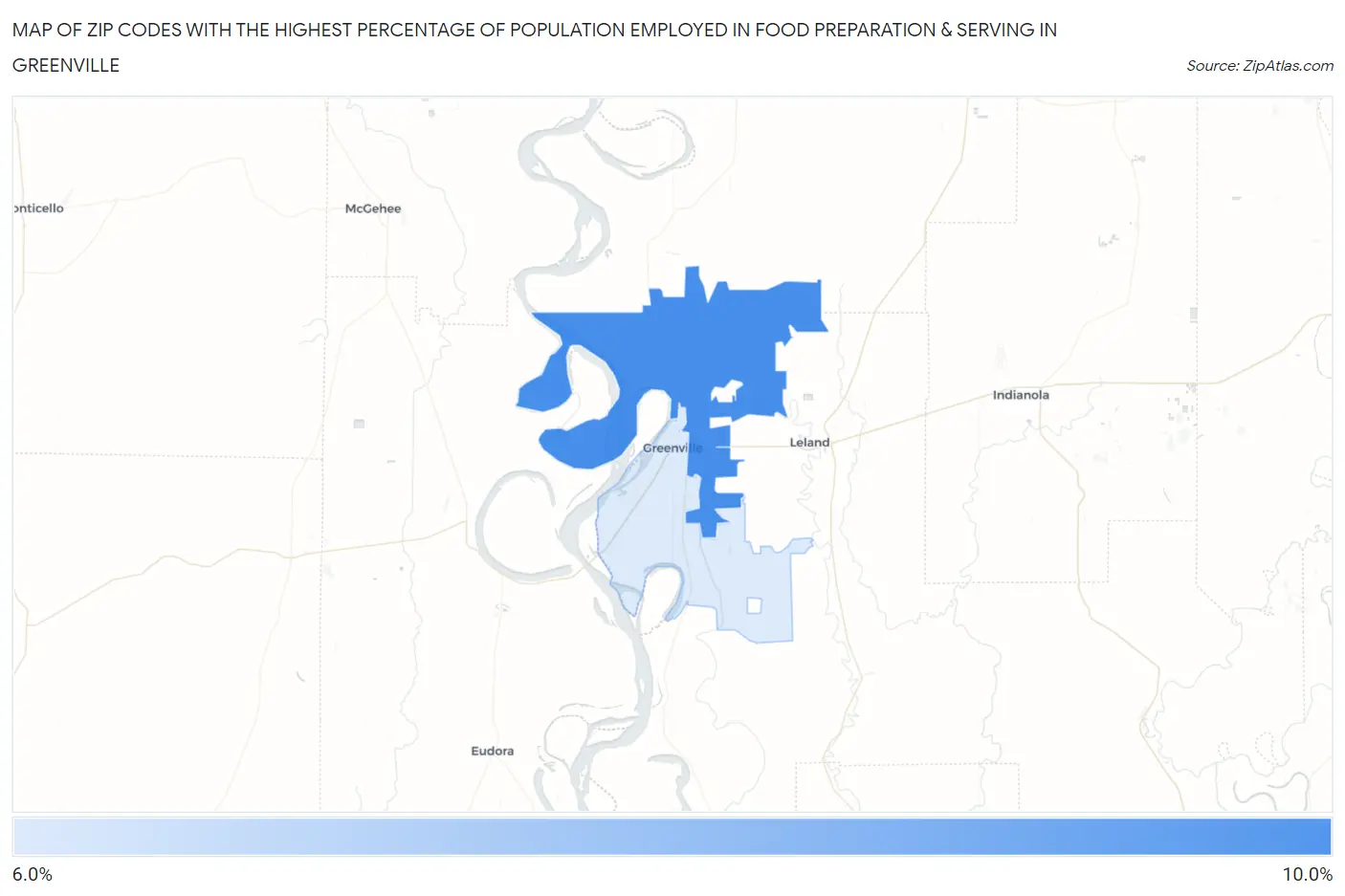 Zip Codes with the Highest Percentage of Population Employed in Food Preparation & Serving in Greenville Map
