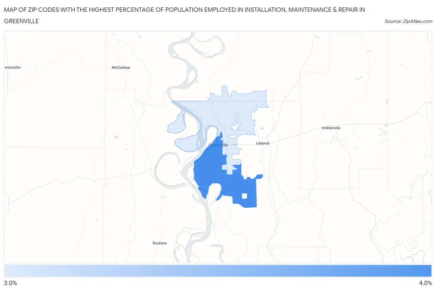 Zip Codes with the Highest Percentage of Population Employed in Installation, Maintenance & Repair in Greenville Map