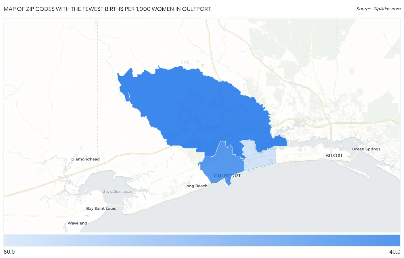 Zip Codes with the Fewest Births per 1,000 Women in Gulfport Map