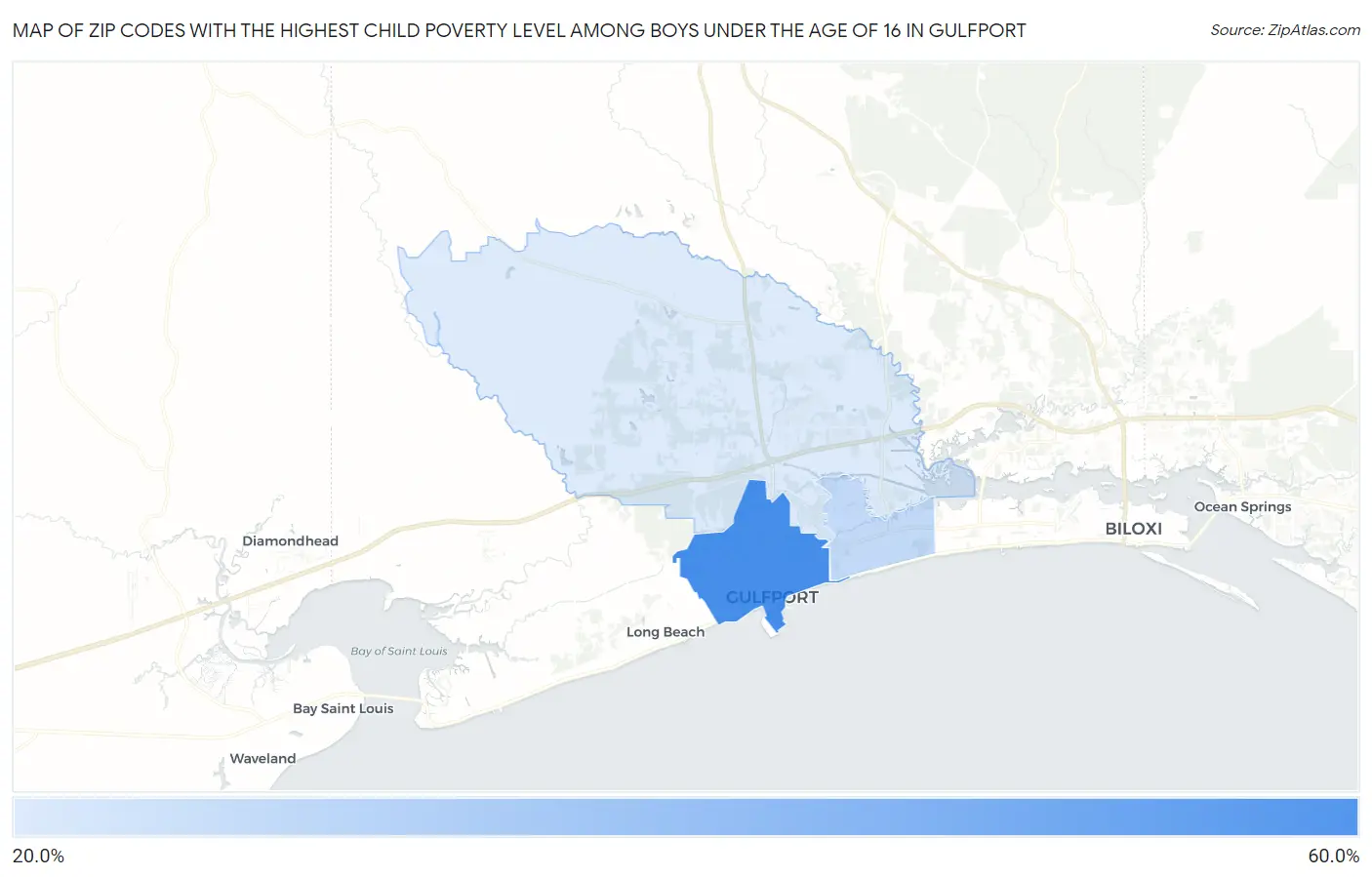 Zip Codes with the Highest Child Poverty Level Among Boys Under the Age of 16 in Gulfport Map
