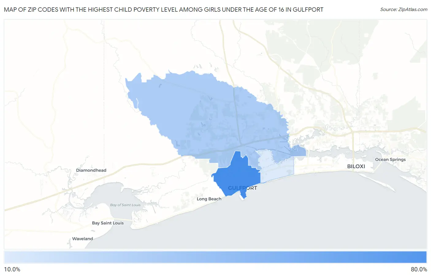 Zip Codes with the Highest Child Poverty Level Among Girls Under the Age of 16 in Gulfport Map
