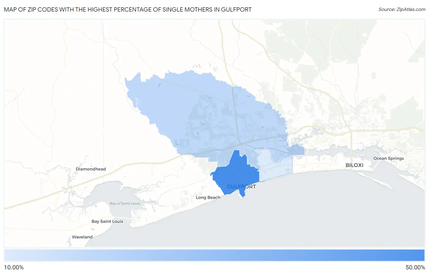 Zip Codes with the Highest Percentage of Single Mothers in Gulfport Map