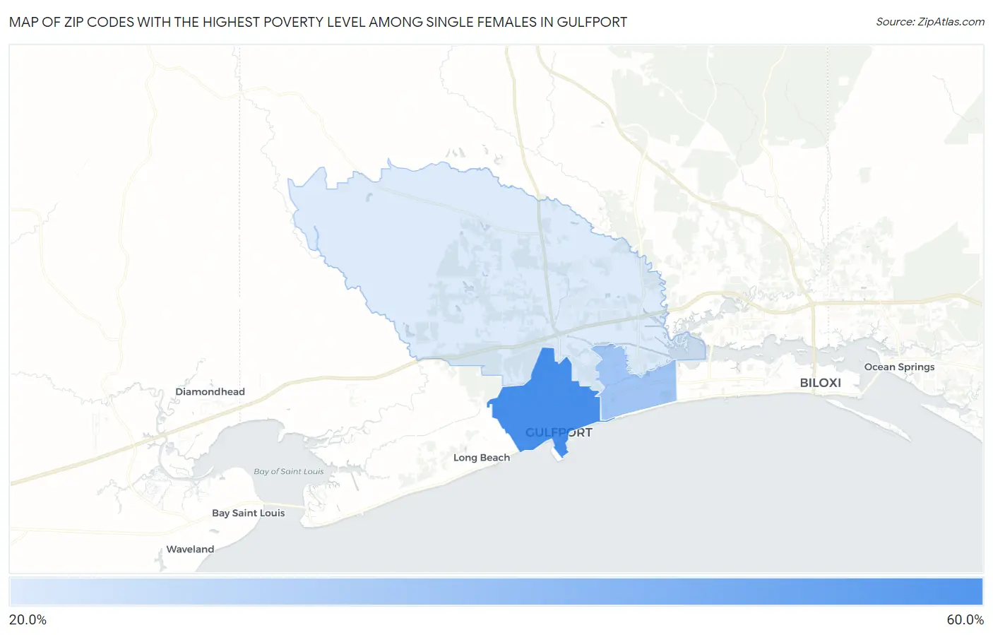 Zip Codes with the Highest Poverty Level Among Single Females in Gulfport Map