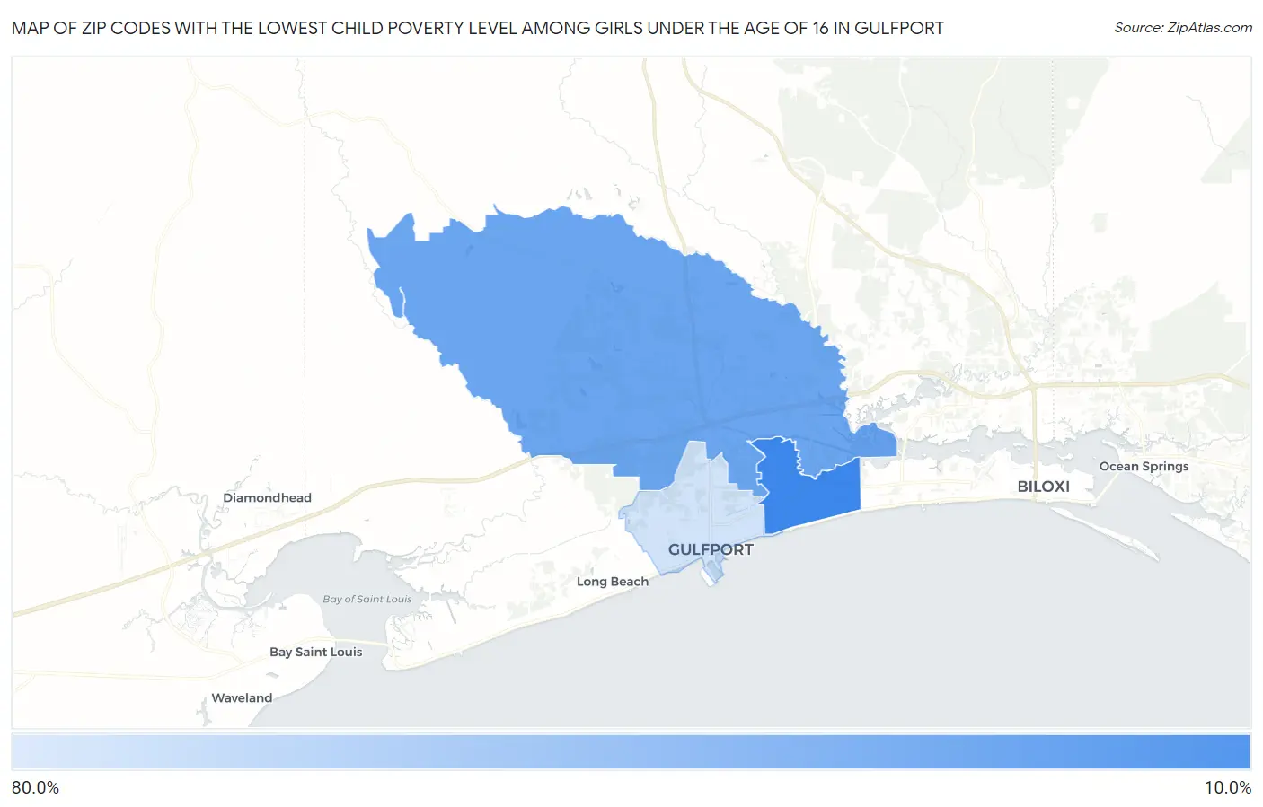 Zip Codes with the Lowest Child Poverty Level Among Girls Under the Age of 16 in Gulfport Map