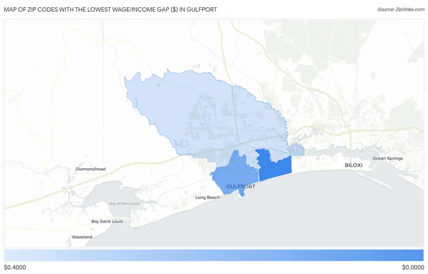 Zip Codes with the Lowest Wage/Income Gap ($) in Gulfport Map