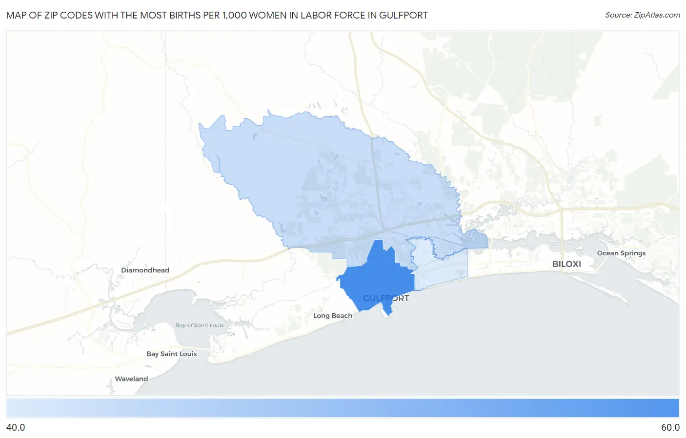 Zip Codes with the Most Births per 1,000 Women in Labor Force in Gulfport Map