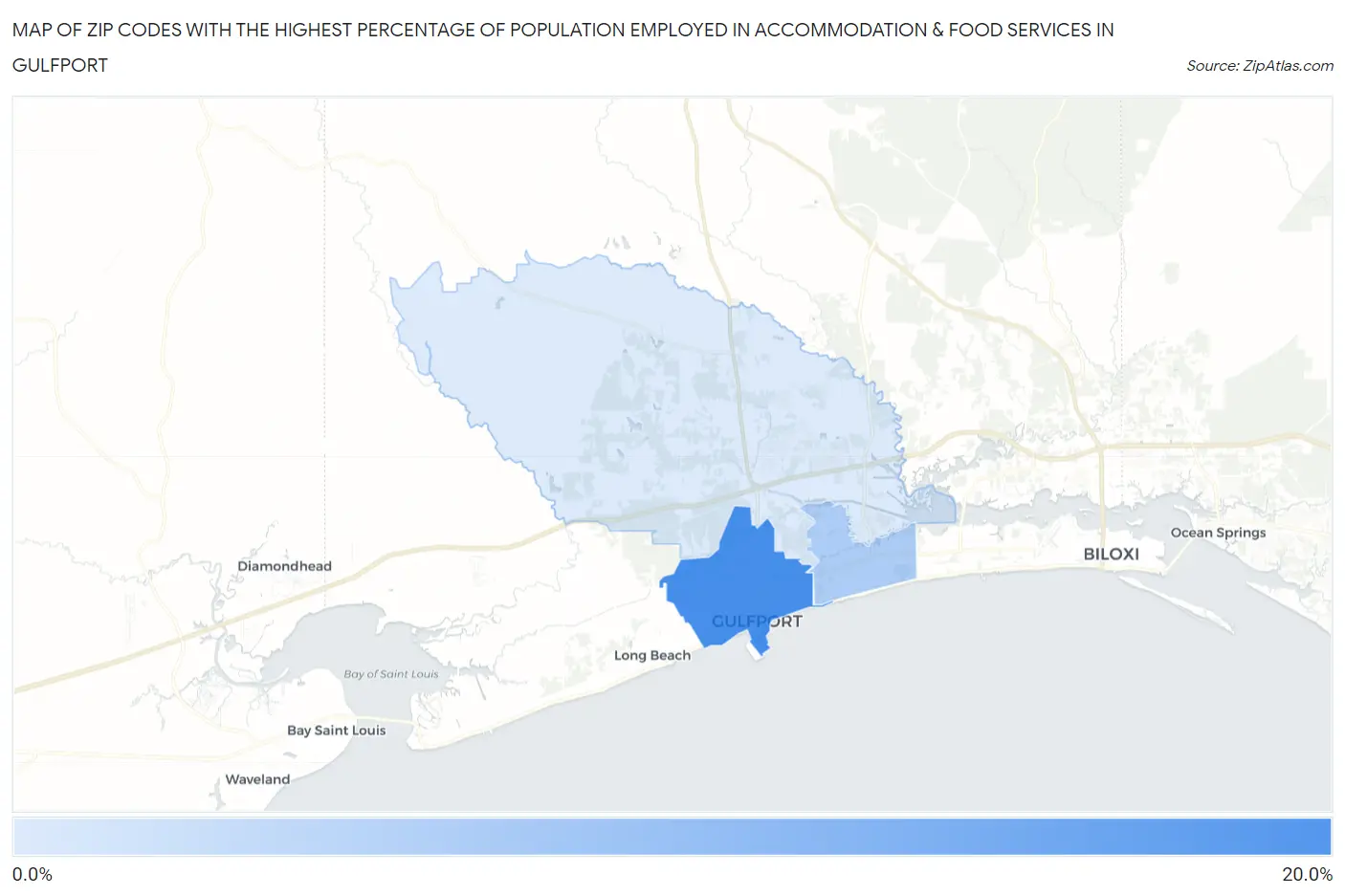 Zip Codes with the Highest Percentage of Population Employed in Accommodation & Food Services in Gulfport Map