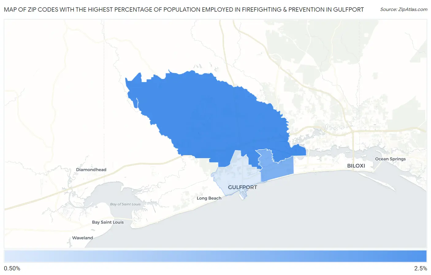 Zip Codes with the Highest Percentage of Population Employed in Firefighting & Prevention in Gulfport Map