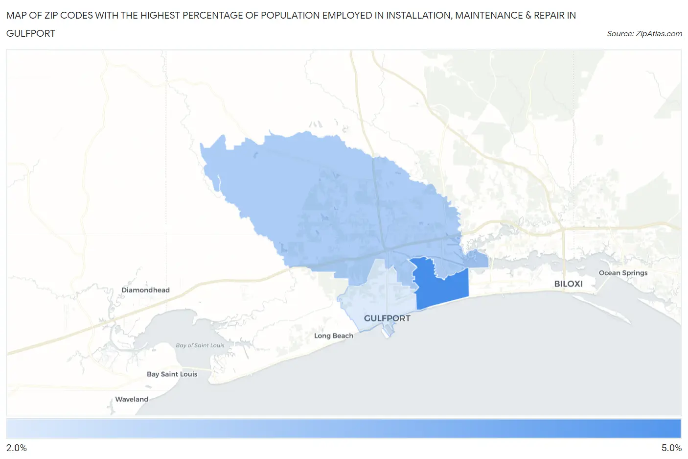 Zip Codes with the Highest Percentage of Population Employed in Installation, Maintenance & Repair in Gulfport Map