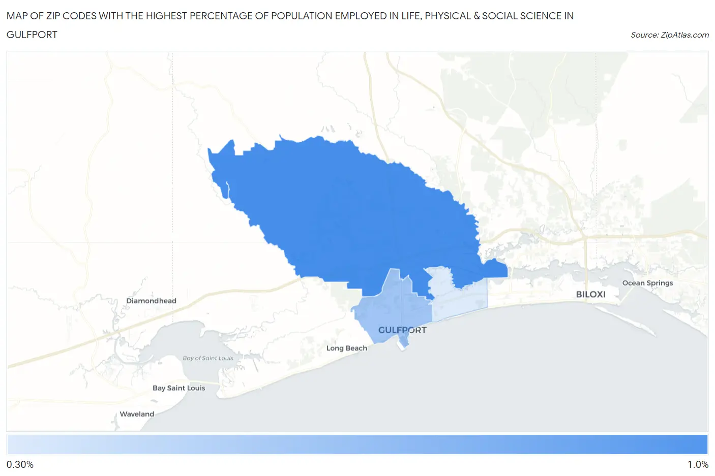 Zip Codes with the Highest Percentage of Population Employed in Life, Physical & Social Science in Gulfport Map