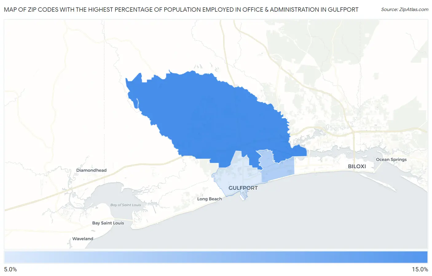 Zip Codes with the Highest Percentage of Population Employed in Office & Administration in Gulfport Map
