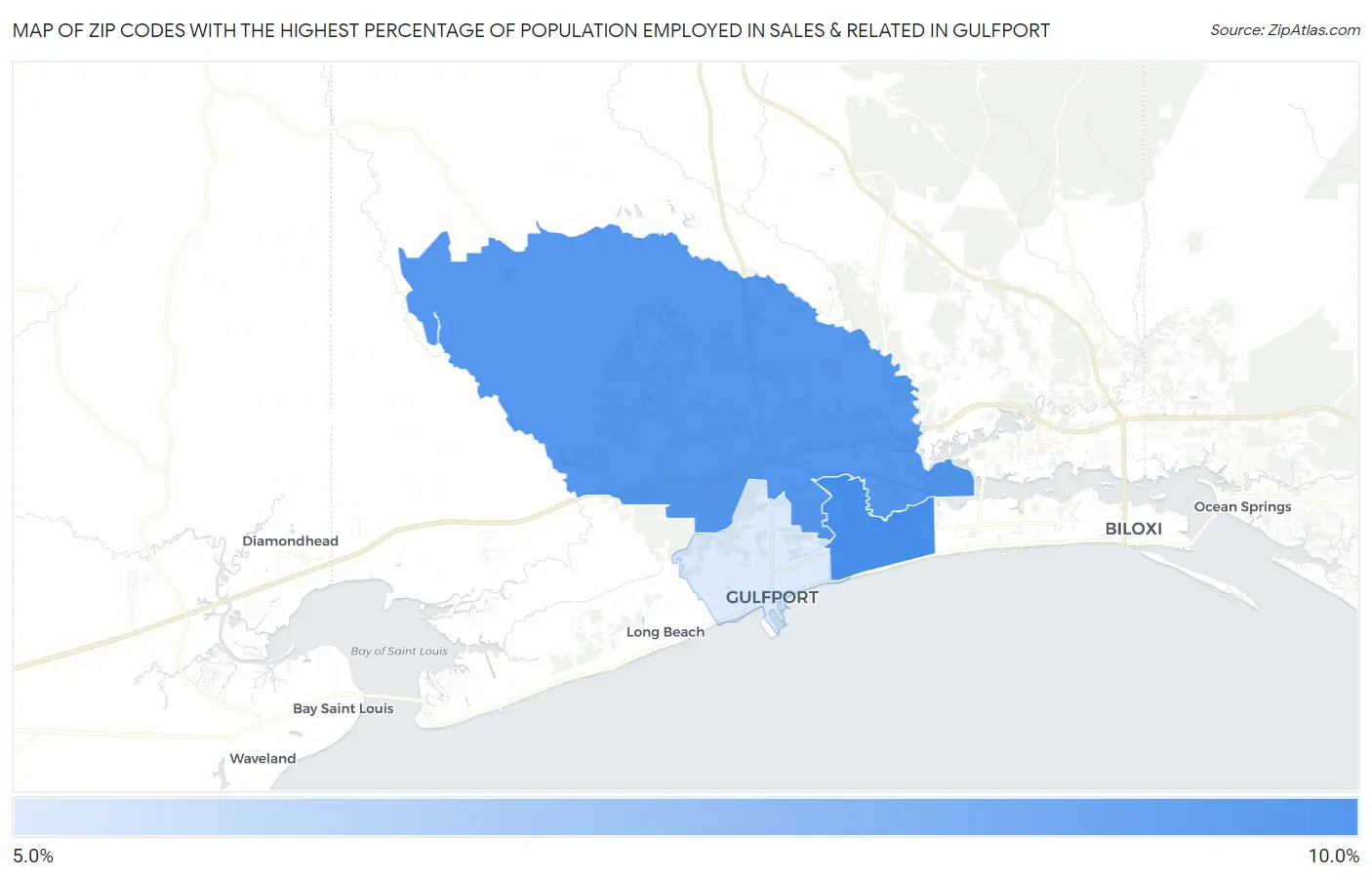 Zip Codes with the Highest Percentage of Population Employed in Sales & Related in Gulfport Map