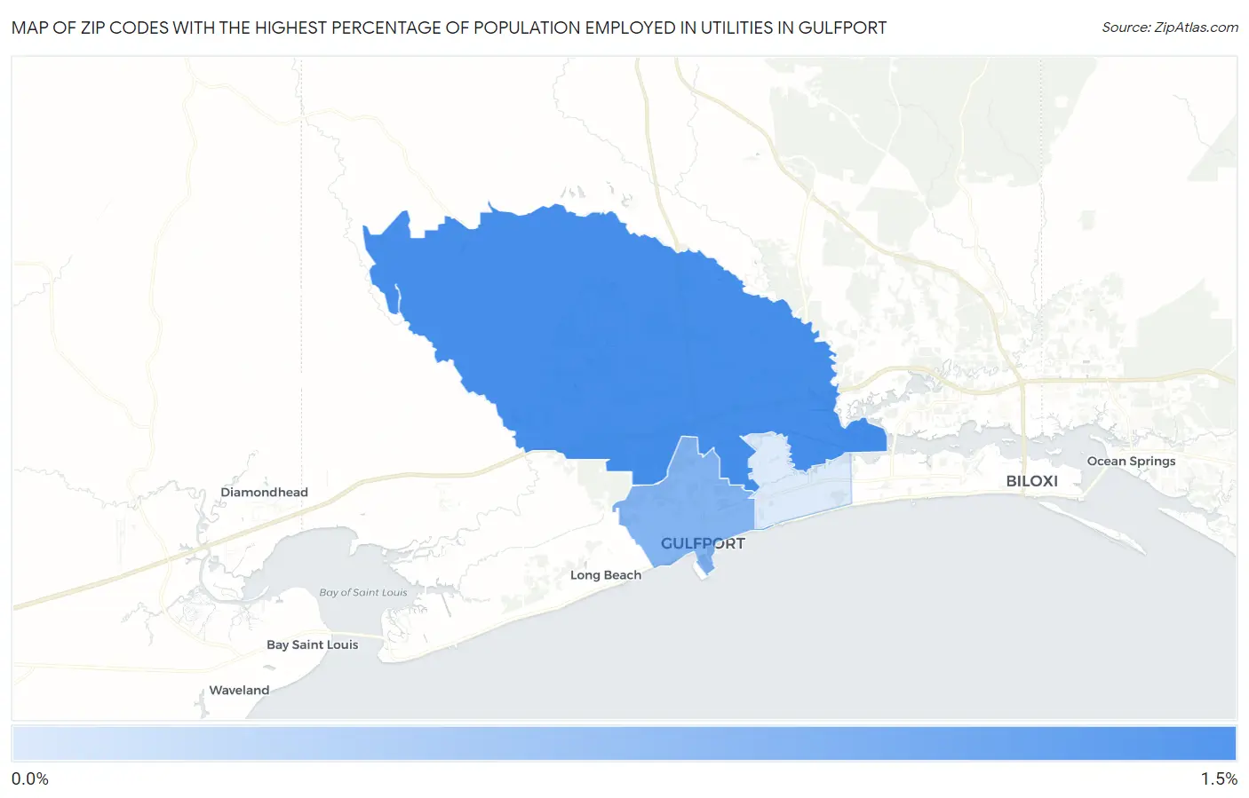 Zip Codes with the Highest Percentage of Population Employed in Utilities in Gulfport Map