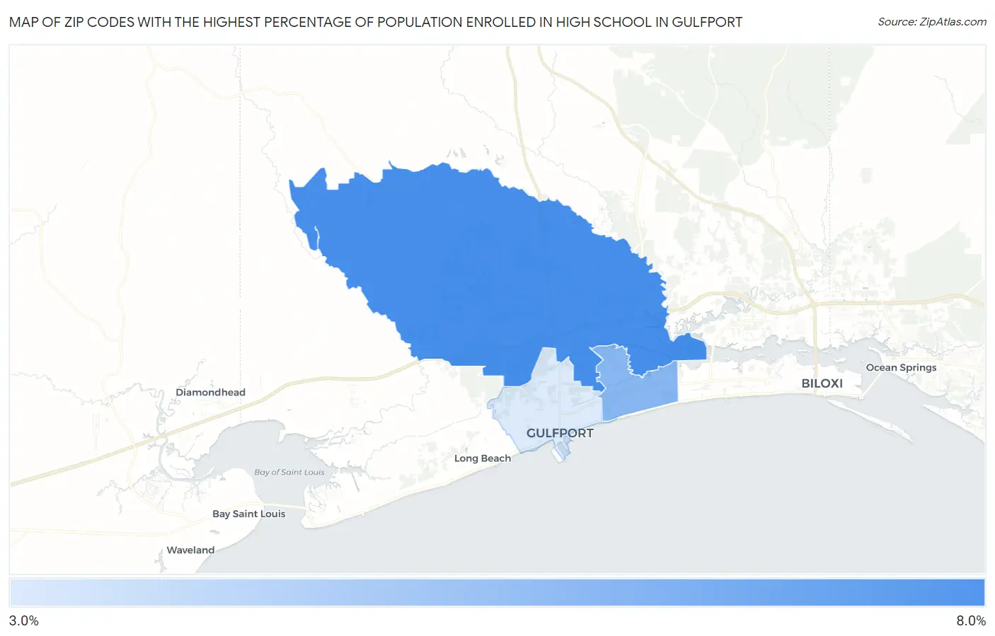 Zip Codes with the Highest Percentage of Population Enrolled in High School in Gulfport Map