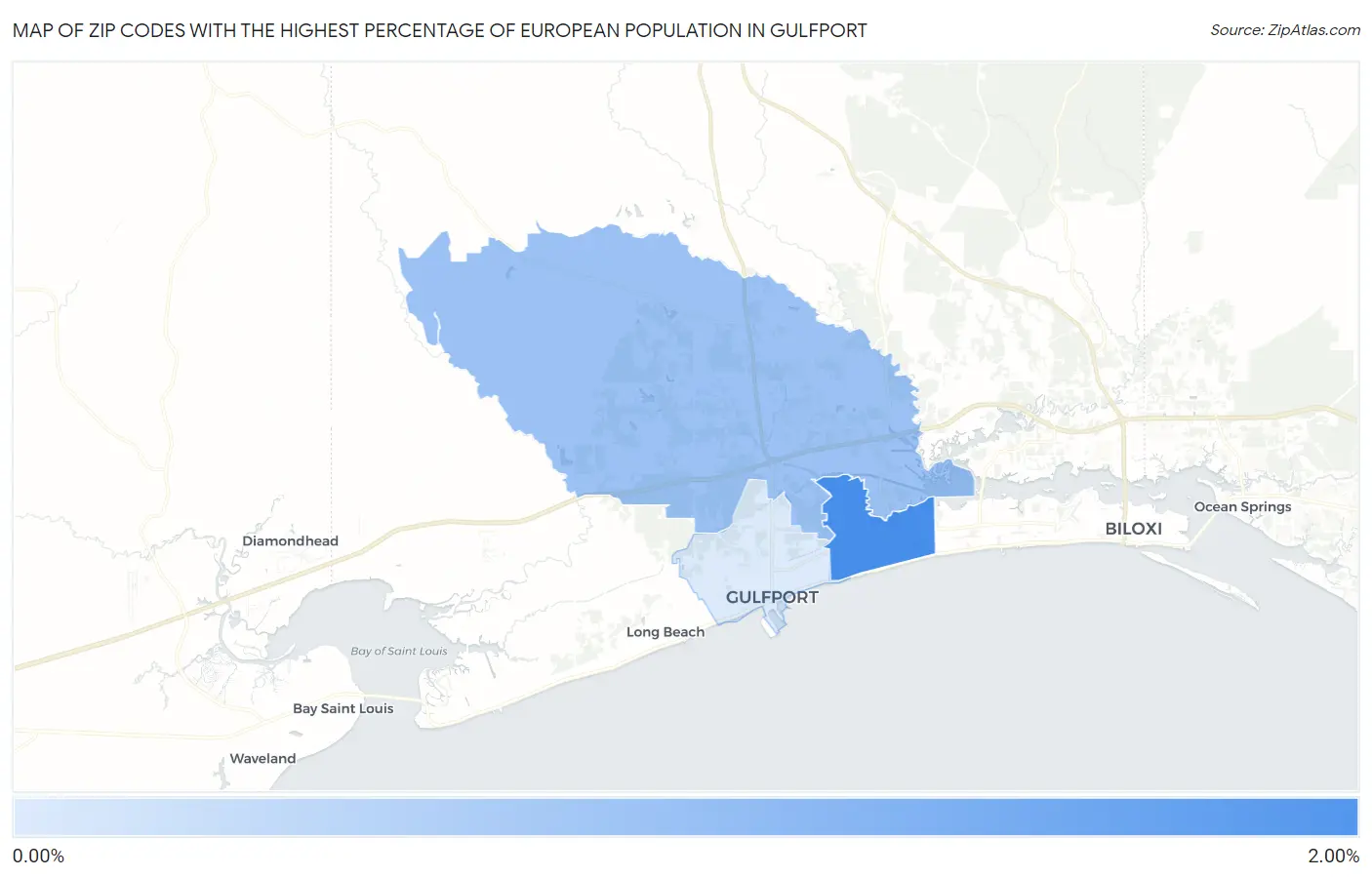 Zip Codes with the Highest Percentage of European Population in Gulfport Map