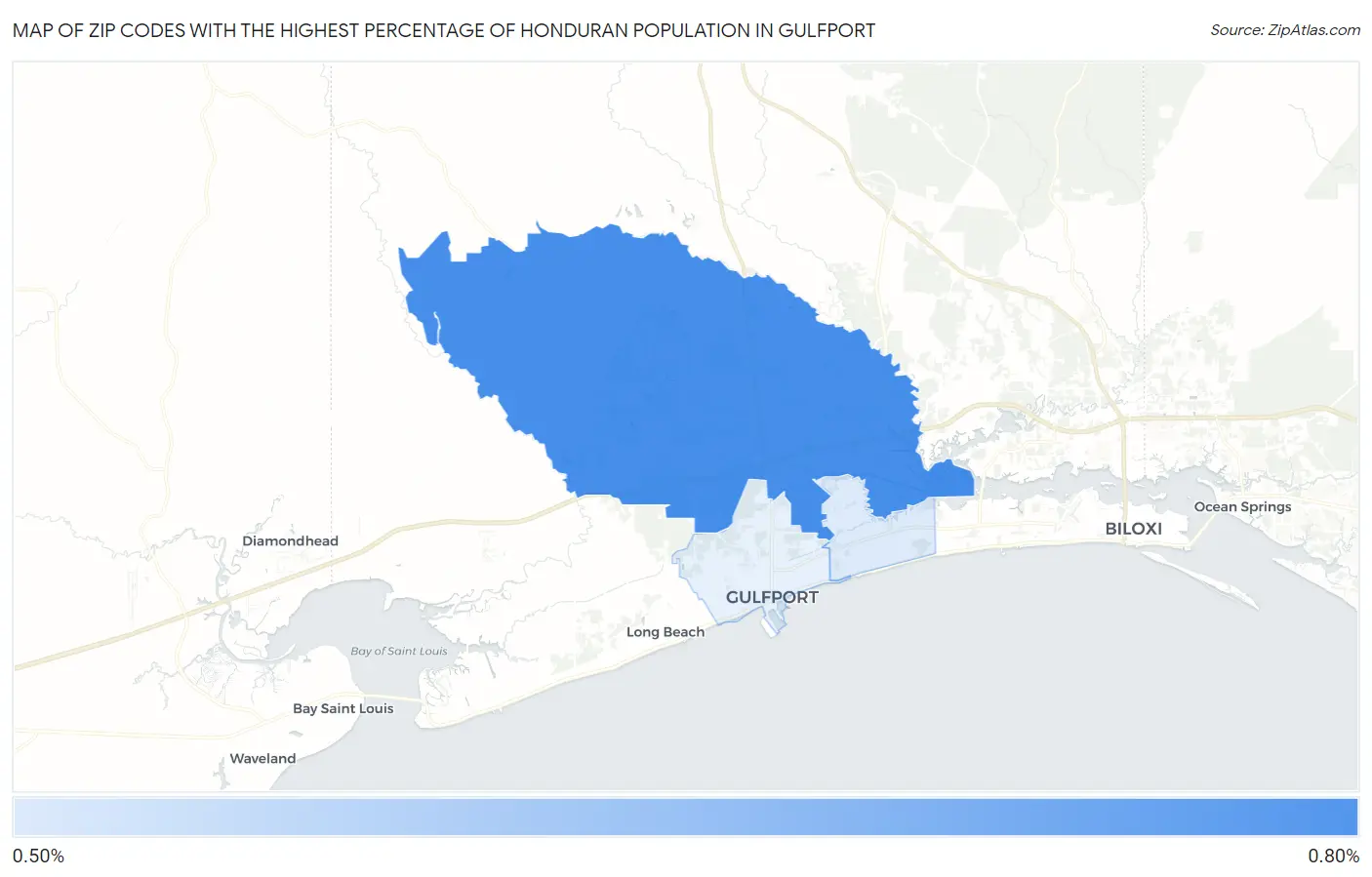 Zip Codes with the Highest Percentage of Honduran Population in Gulfport Map